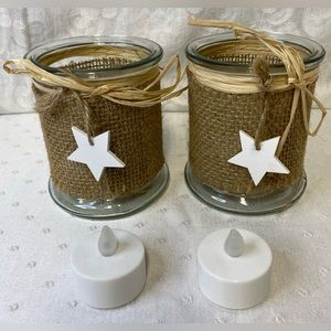 NWT Burlap & Glass Votive Candle Holders includes battery operated candle 4”x3”